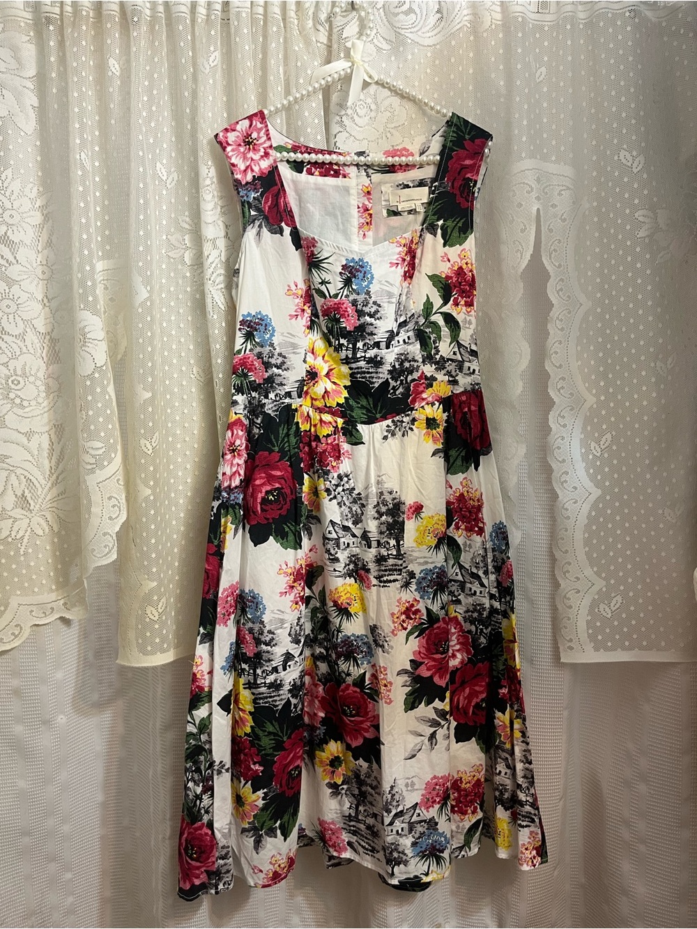 Women's White Floral A-Line Dress with Multicolor Print